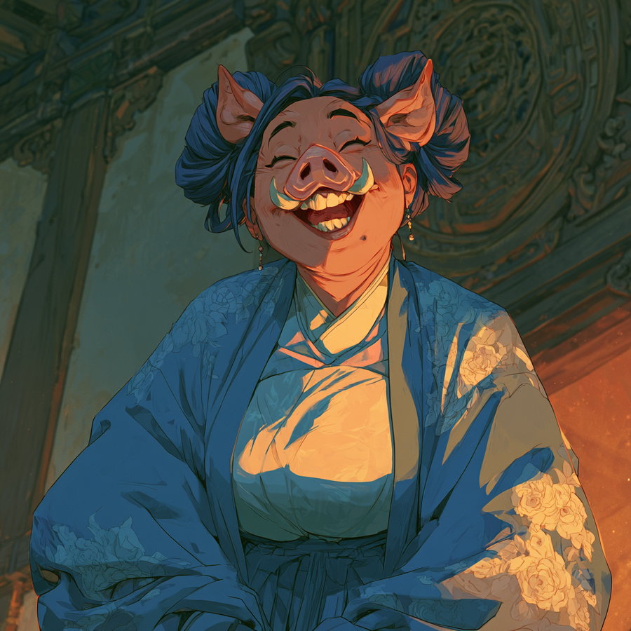 Illustration of a joyful anthropomorphic pig with tusks and blue hair styled in buns, wearing a blue and white robe with floral embroidery, set against a detailed interior background.