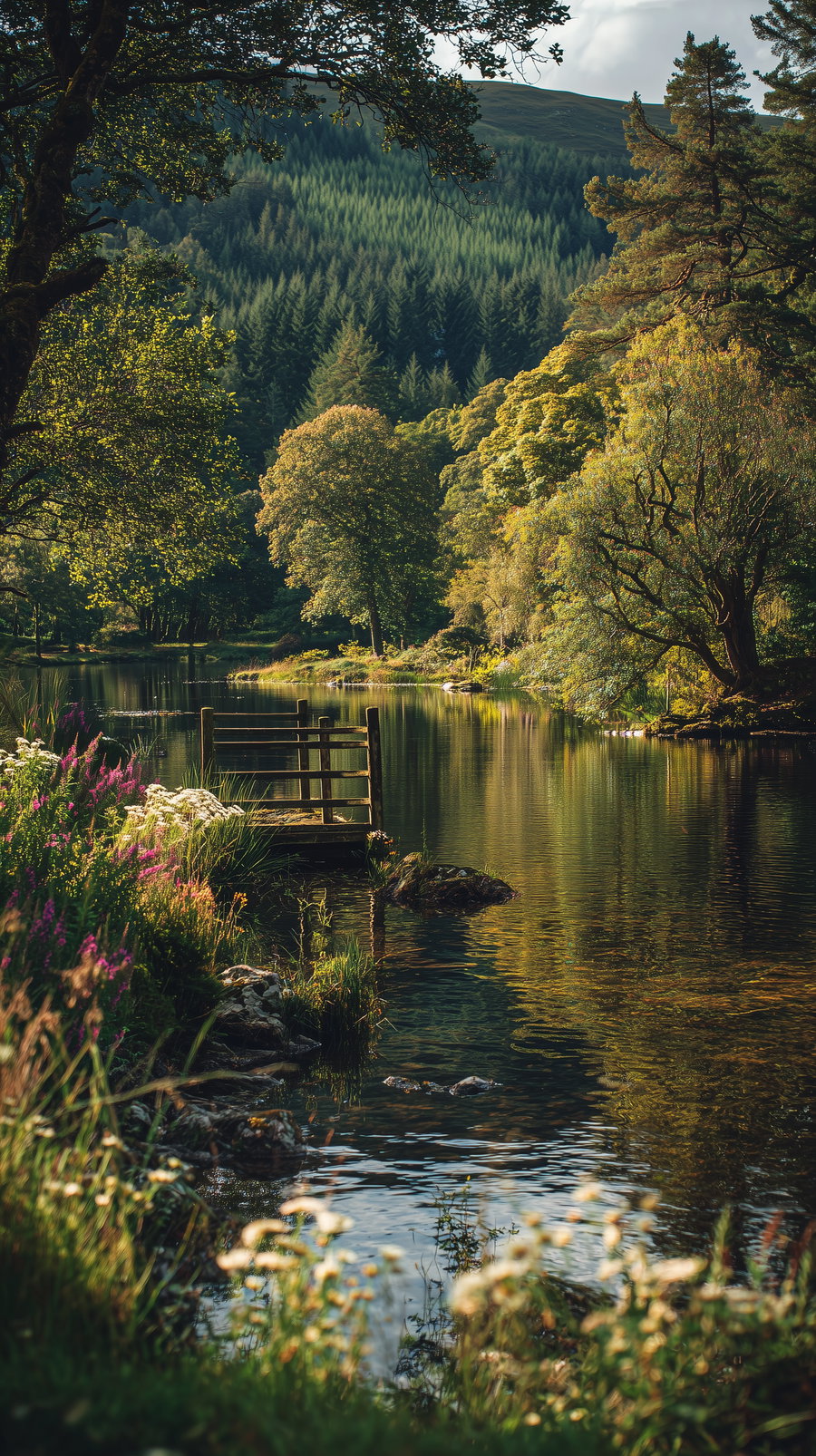 Serene river flowing through dense green trees and wildflowers with a small wooden dock on the water's edge