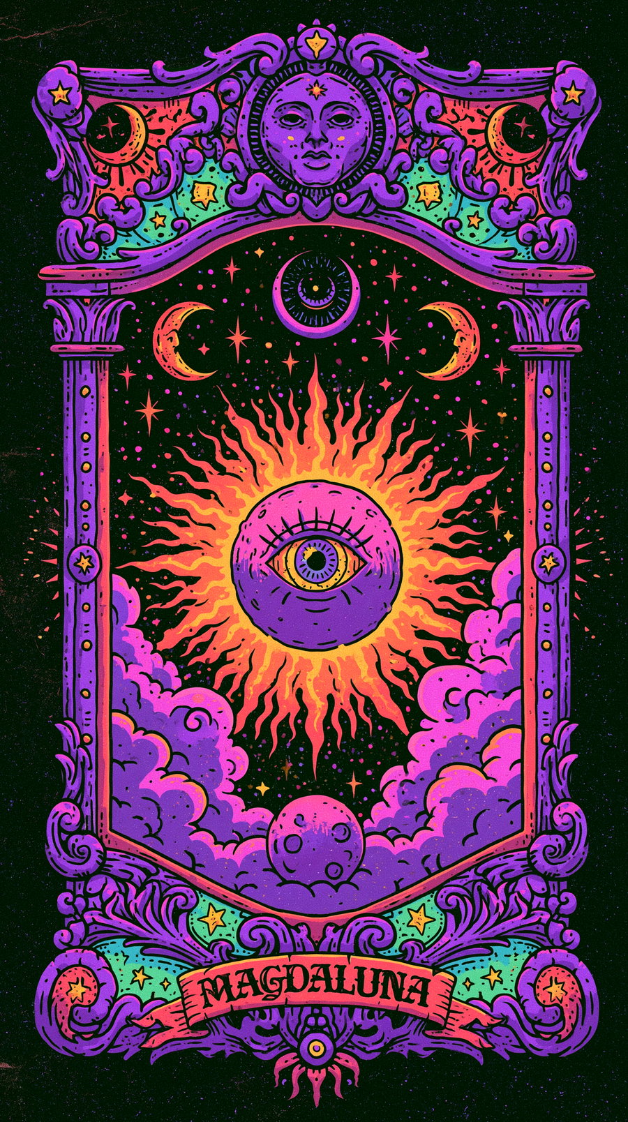 Colorful mystical artwork featuring a central sun with an eye, surrounded by crescent moons, stars, clouds, and decorative purple border elements