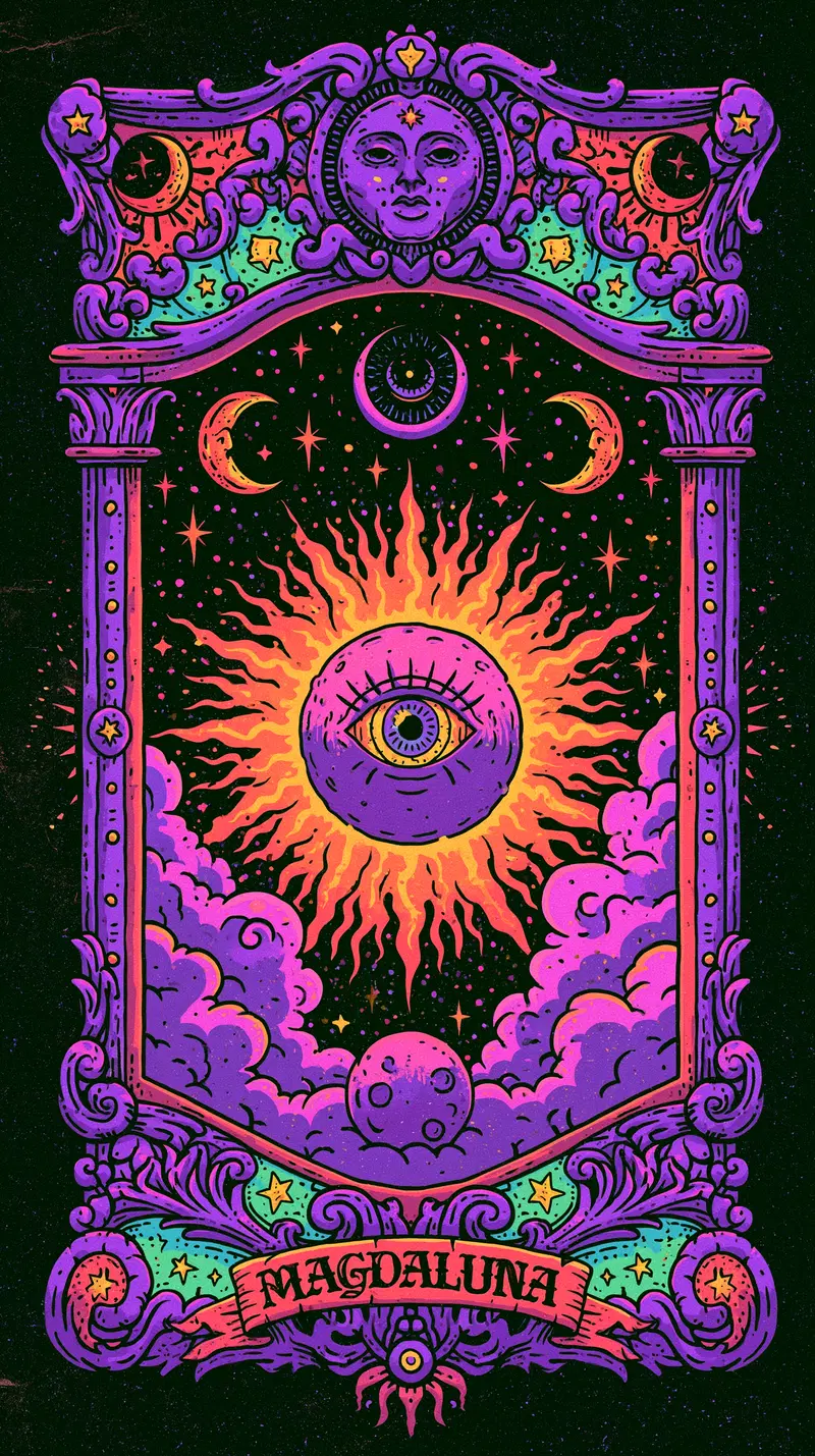 Vibrant mystical sun and moons with spiritual eye illustration