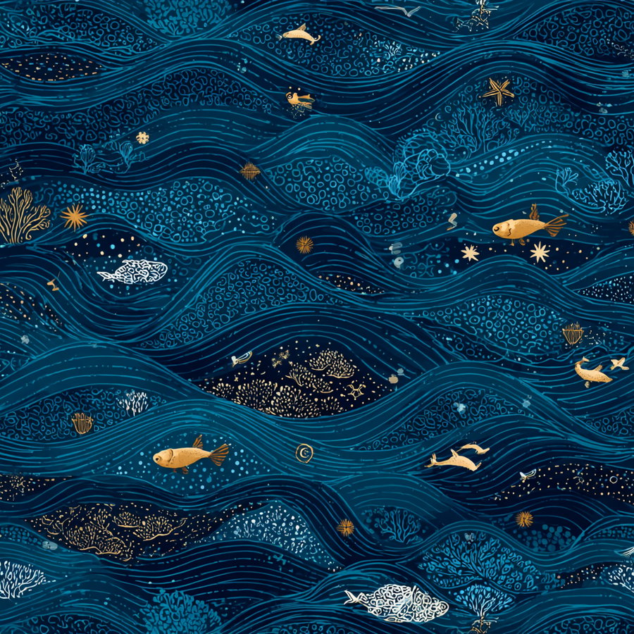 Artistic depiction of ocean waves with blue tones, decorated with stylized gold and white fish, coral, and sea plants