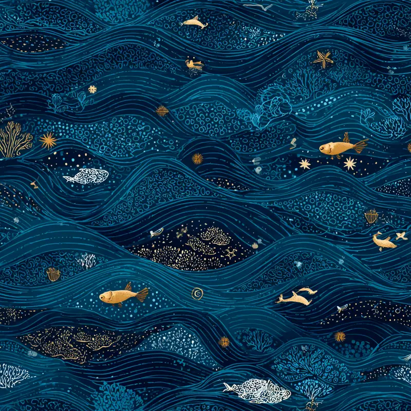 Abstract coastal themed wall art featuring fish and ocean waves in blue and gold