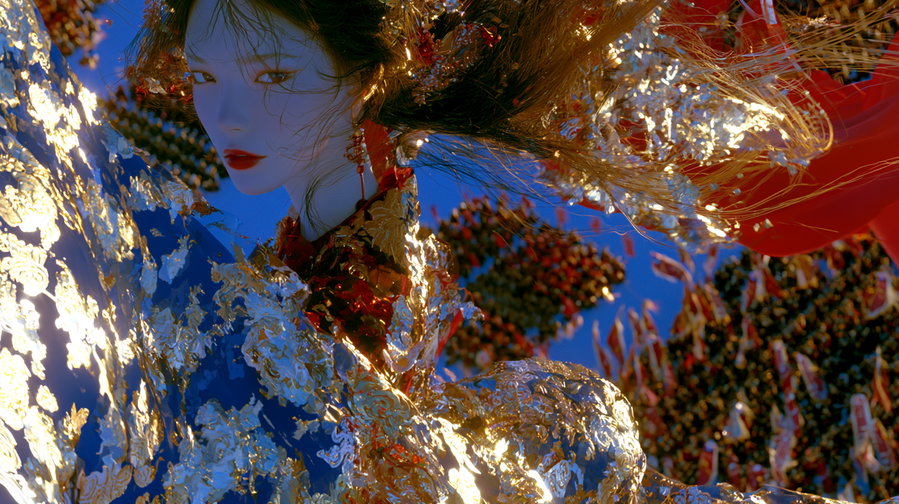Digital artwork of a woman's face surrounded by flowing golden liquid and blue abstract shapes