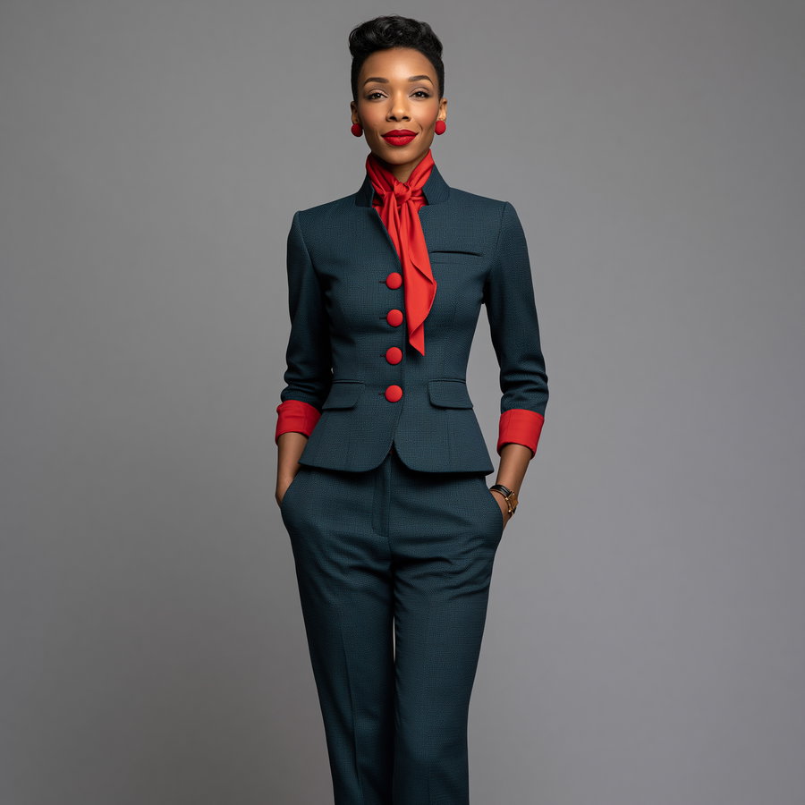 A woman wearing a tailored blue suit with red buttons, red blouse collar and white cuffs, standing with hands in pockets on a solid gray background