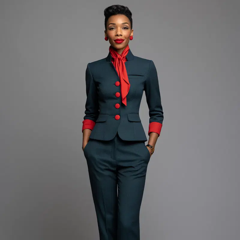 Confident woman in stylish blue suit with red accents posing against gray background