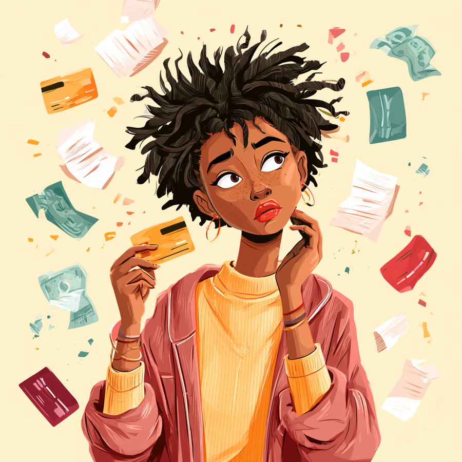 A digital portrait of a young woman with dark curly hair, wearing hoop earrings, a mustard turtleneck, and a pink jacket, holding a yellow credit card while looking to the side, with various colorful floating credit cards, papers, and dollar bills around her against a pale yellow background