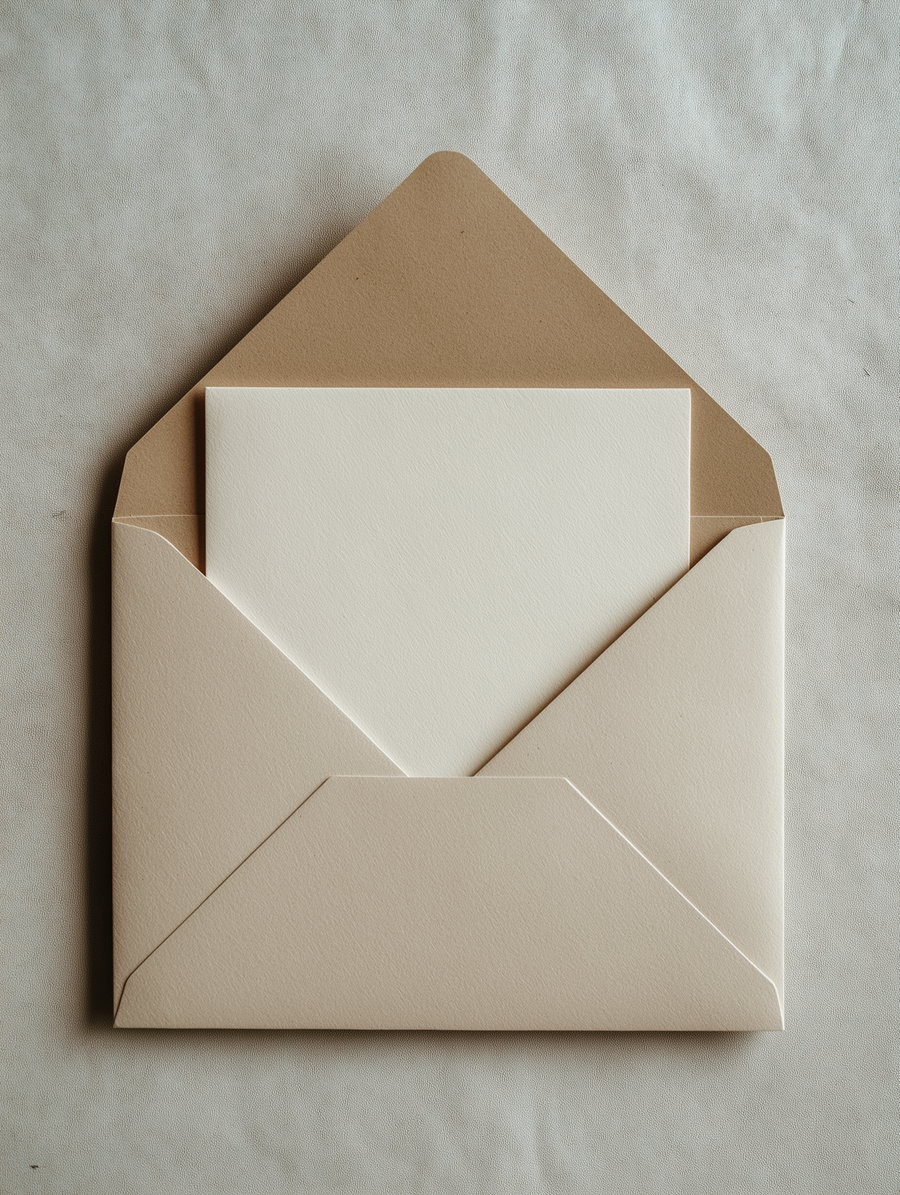 An open brown envelope containing a blank cream card on a soft textured fabric background