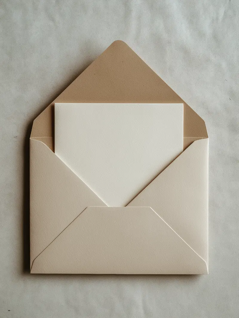 Minimalist design of blank cream card inside brown envelope on fabric