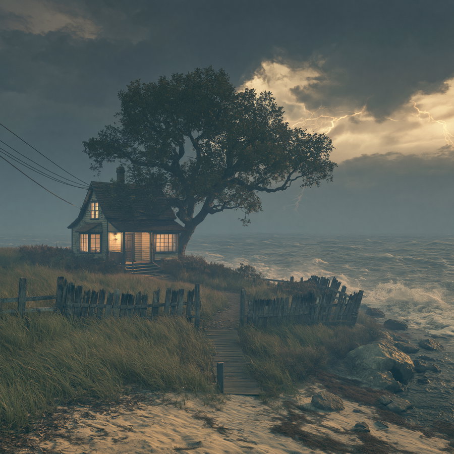 A small house with glowing windows stands near the shore under a large tree; waves crash on the rocky coast with a cloudy sky and lightning in the background