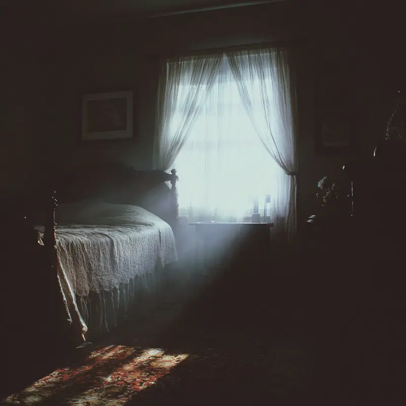 Dimly lit vintage bedroom with sunlight streaming through sheer curtains