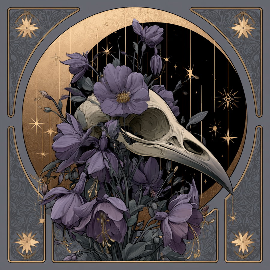 Digital art featuring a large bird skull surrounded by vibrant purple flowers with golden stars hanging on strings against a dark circular background framed by ornate grey and gold designs
