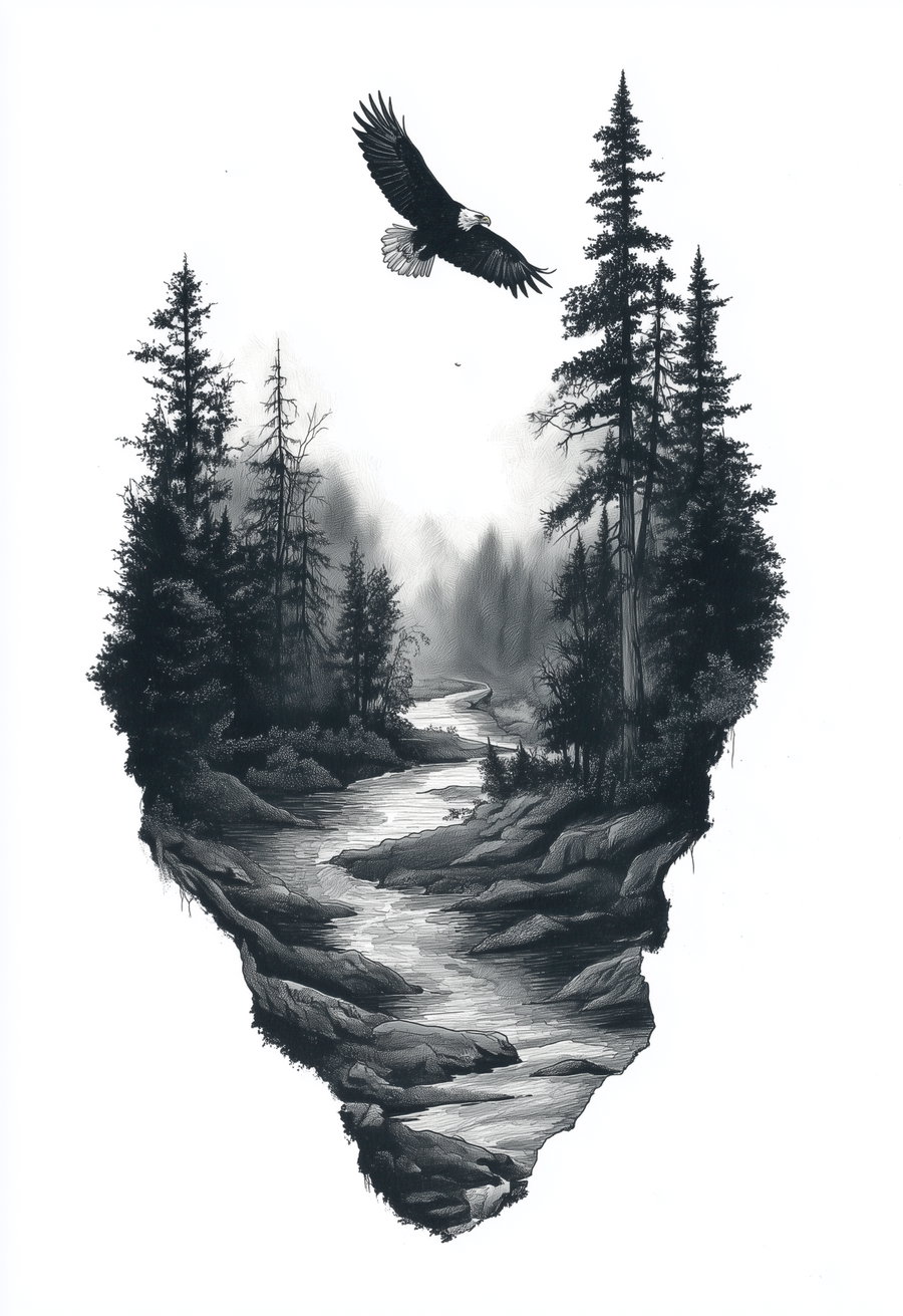 Black and white drawing of a river flowing through a forest of pine trees, with a soaring eagle flying above