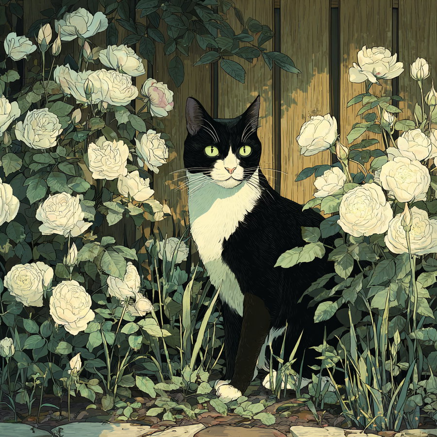 Black and white cat with green eyes sitting in a garden surrounded by white roses and green leaves in front of a wooden fence