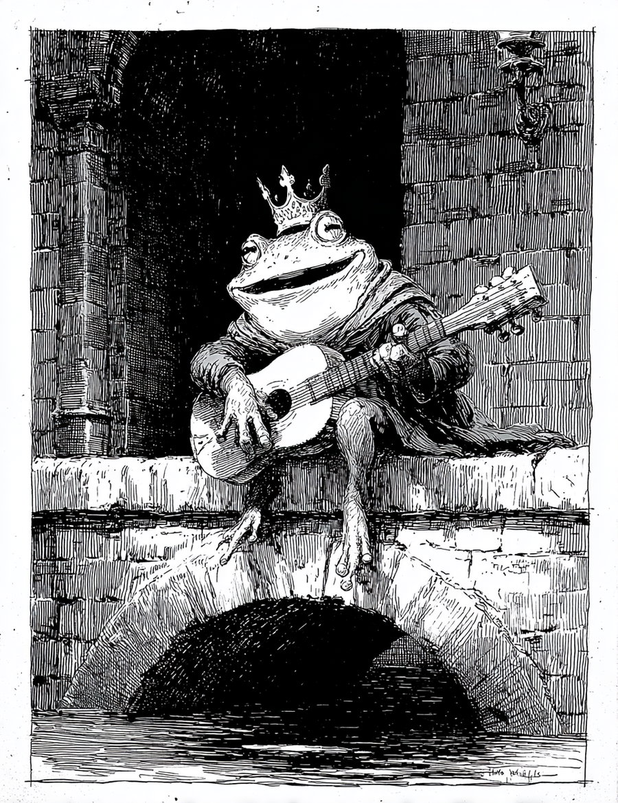 Black and white detailed illustration of a frog wearing a crown and playing a guitar while sitting on a stone ledge of a castle above a body of water