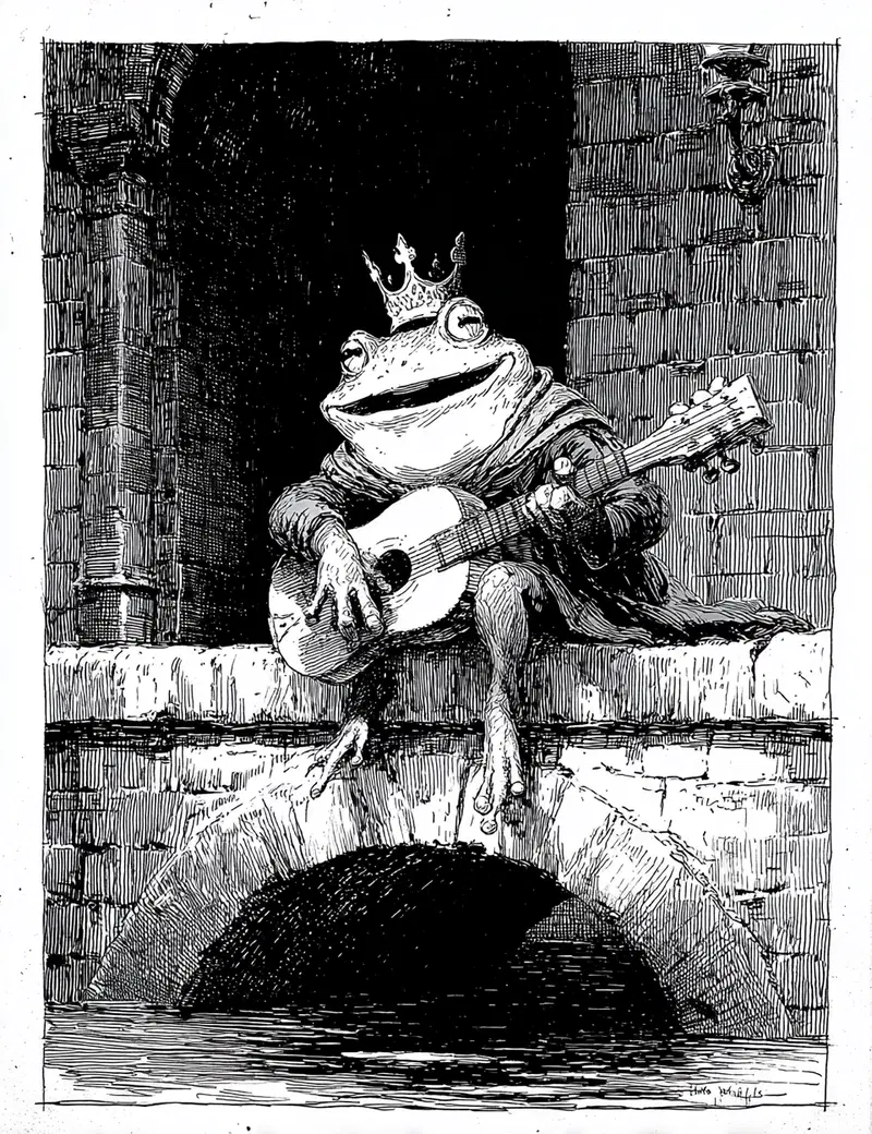 Vintage black and white print of a frog prince playing a guitar on a castle ledge