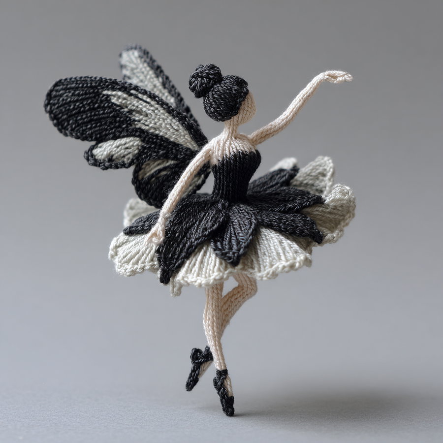 A knitted ballerina figurine with butterfly wings posed on one foot, featuring a detailed black and white yarn design against a plain gray background