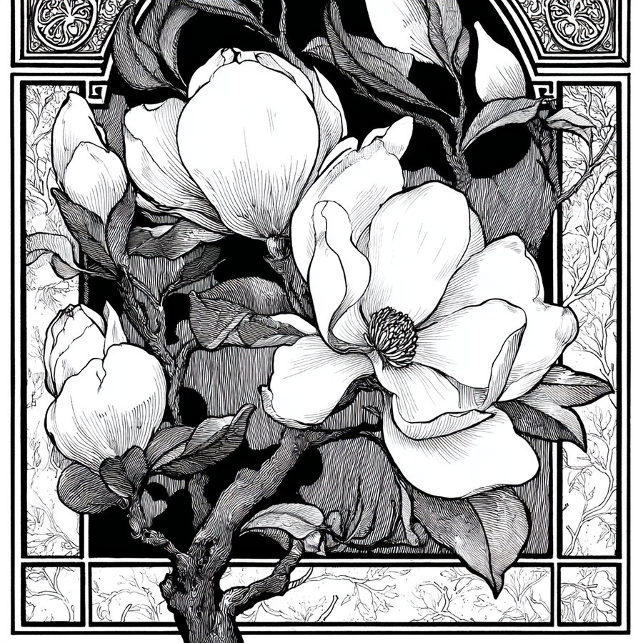 Black and white drawing of magnolia flowers and leaves with intricate line work and decorative border surrounding the image