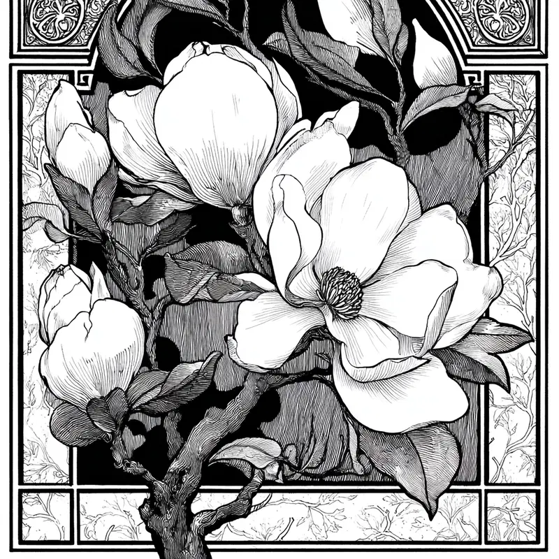 Detailed black and white botanical illustration of magnolia flowers and leaves with ornate border