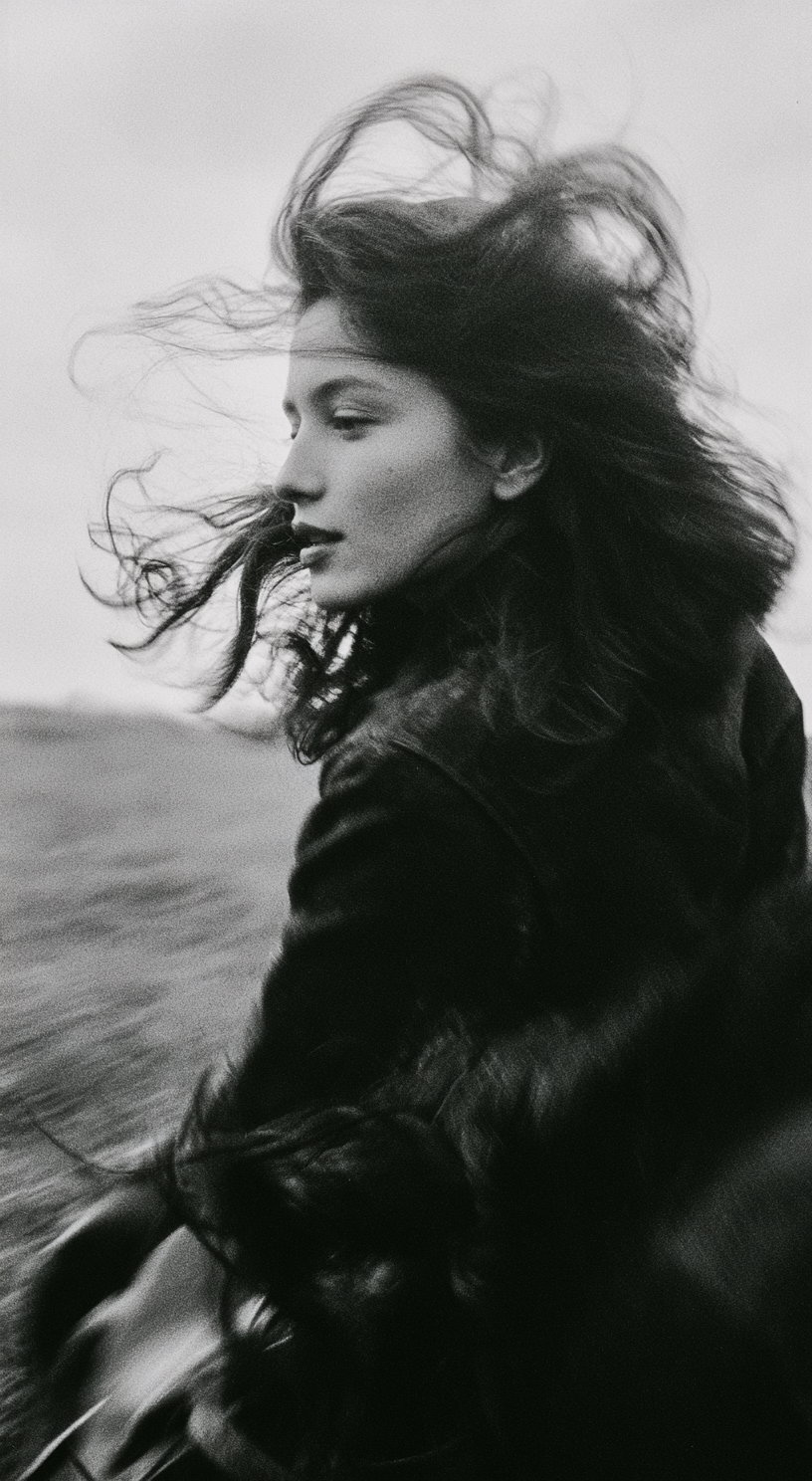 Black and white photo of a woman with long hair blowing in the wind, wearing a dark jacket, facing sideways