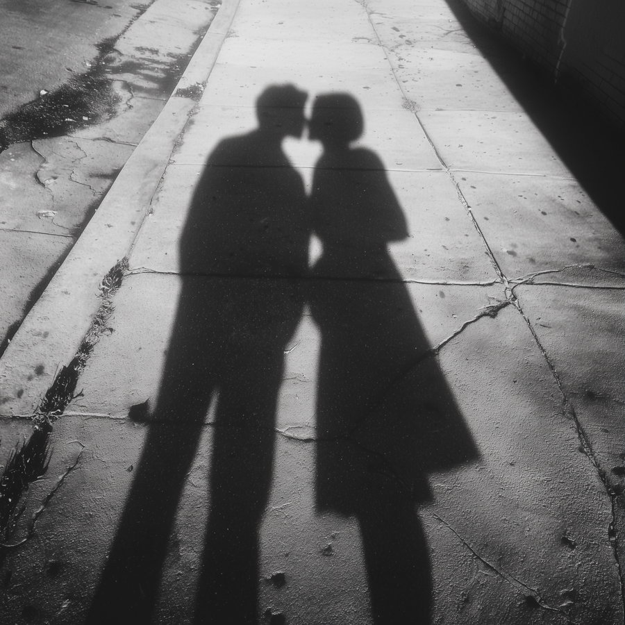 Shadows of two people standing closely facing each other on a cracked concrete sidewalk, creating a romantic silhouette effect