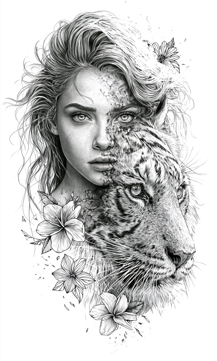 A detailed black and white illustration featuring a woman's face seamlessly merging with a tiger's face, surrounded by intricately drawn flowers and leaves.
