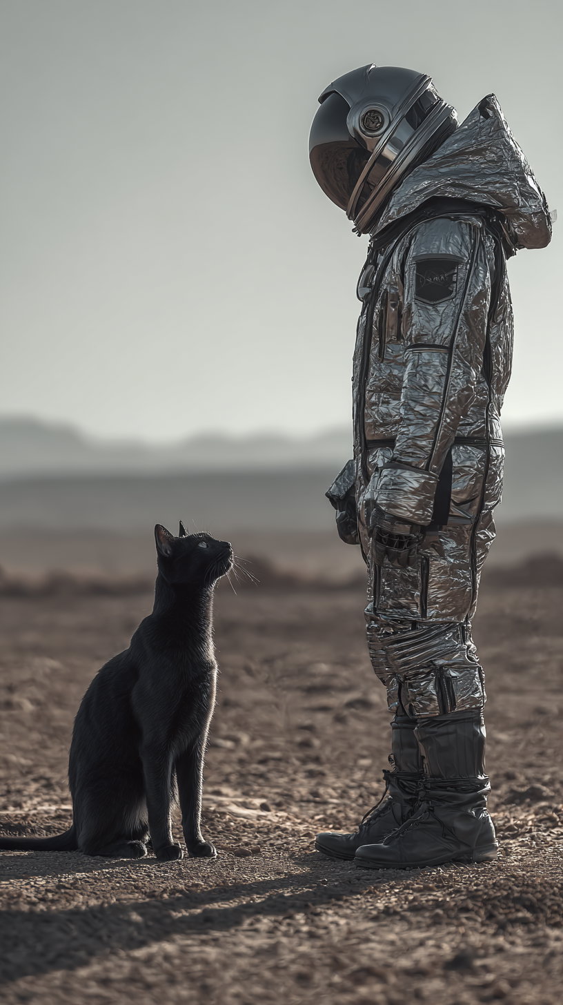 A black cat sitting on the ground looking up at a person wearing a shiny silver astronaut suit and helmet standing on a barren, rocky surface with mountains in the background