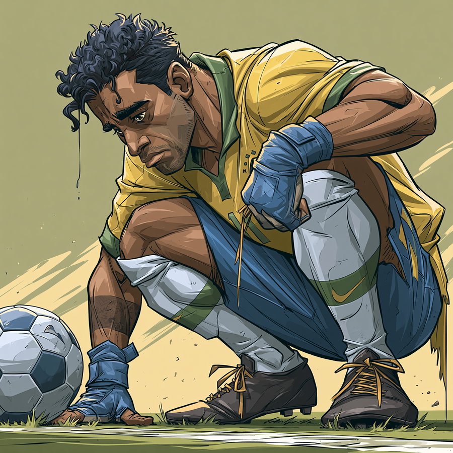 digital illustration of a male soccer player with blue gloves, yellow jersey, blue shorts, and white knee-high socks crouching on the grass next to a soccer ball on a beige background