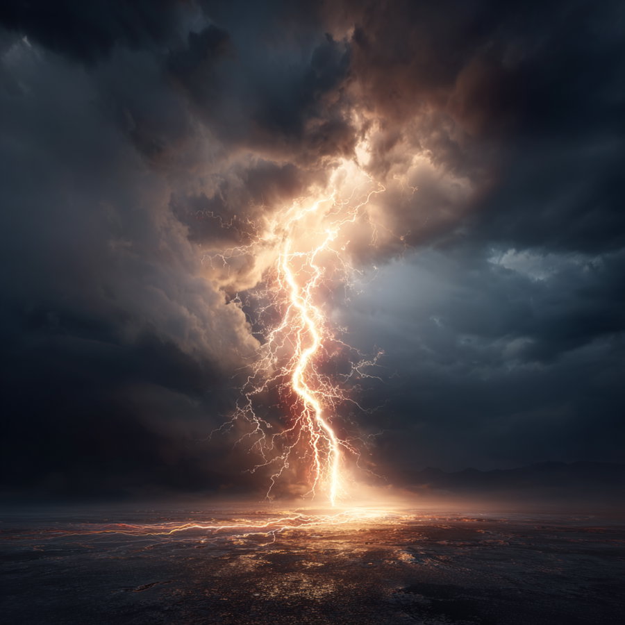 A powerful lightning bolt illuminating dark storm clouds and striking a barren landscape