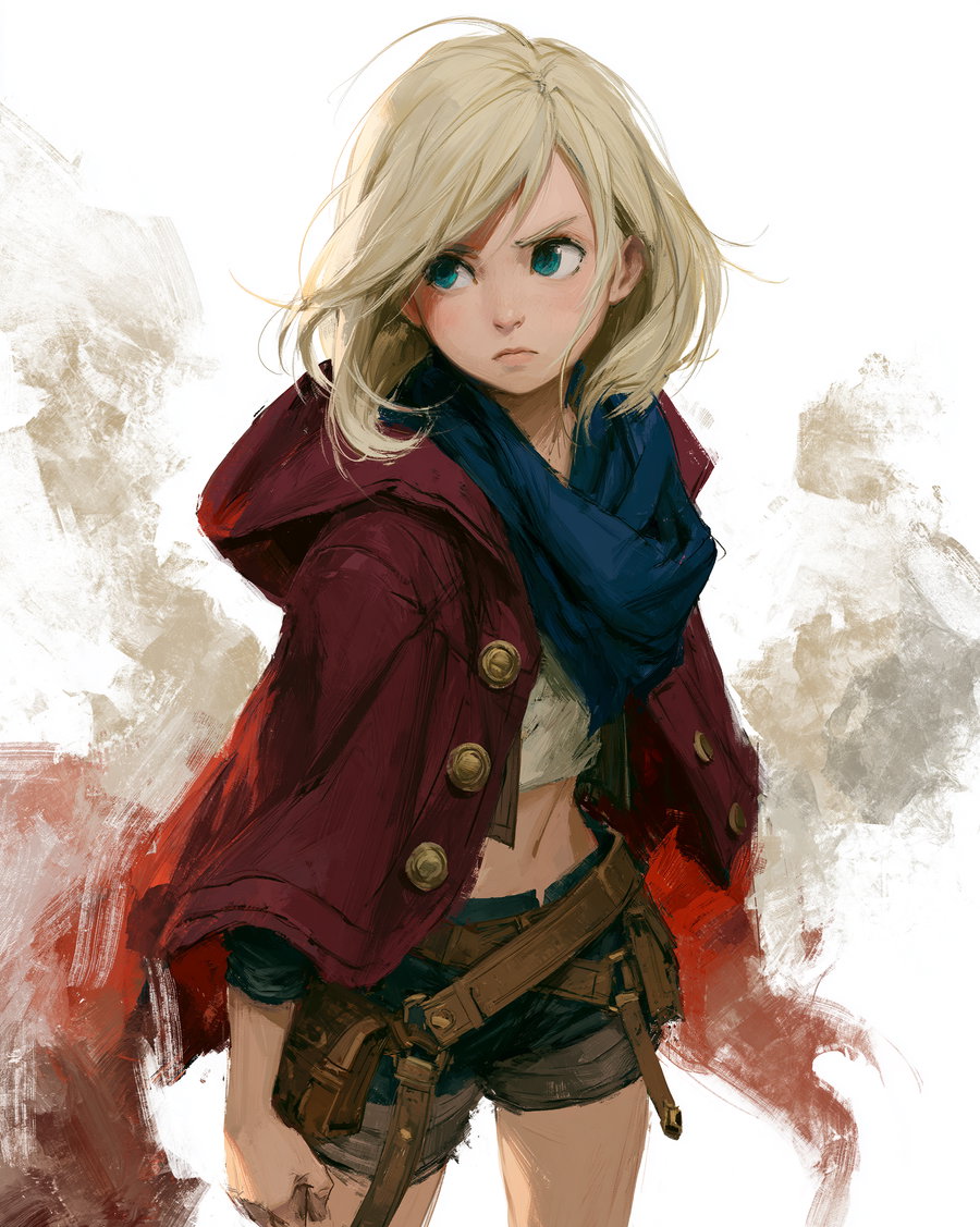 Digital painting of a young woman with blonde hair, blue eyes, wearing a burgundy jacket with large buttons, a dark blue scarf, a cropped top, and shorts with belts, shown from the waist up with an intense gaze