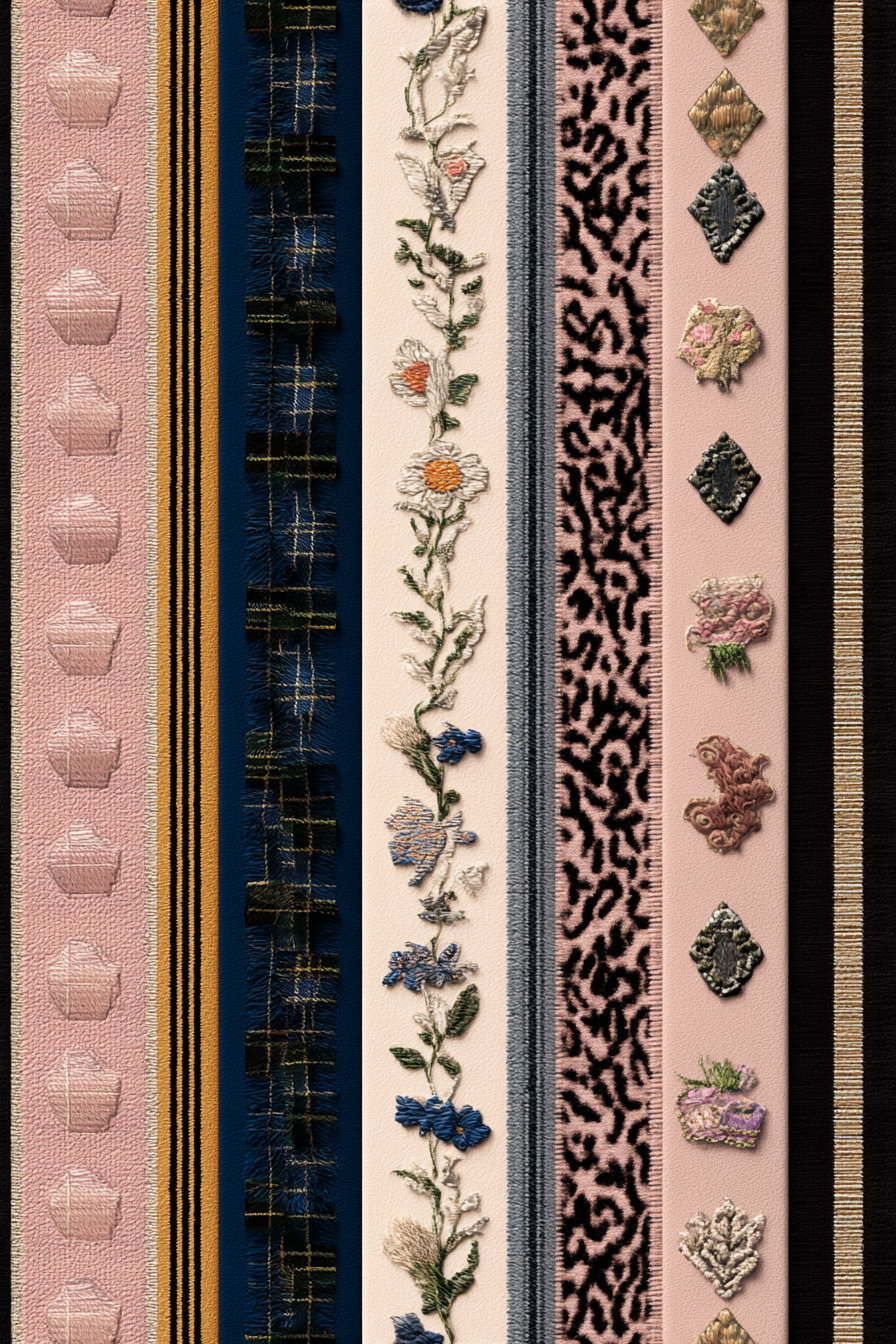 Vertical arrangement of various textile strips featuring embroidered flowers, geometric shapes, plaid textures, and animal print patterns in pink, blue, beige, black and gold colors