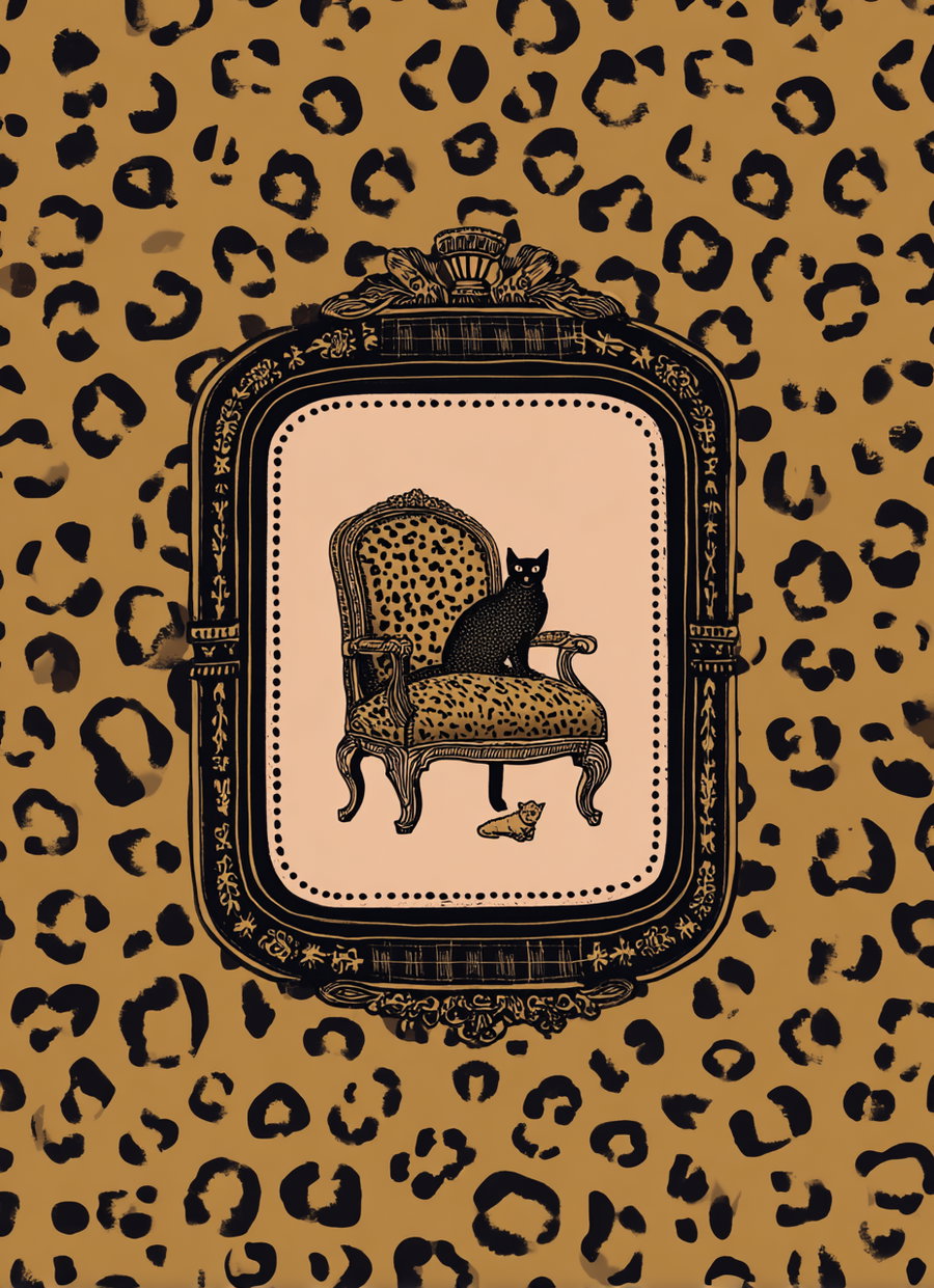 Illustration of a black cat on a leopard print armchair inside an ornate black frame, set against a leopard print background