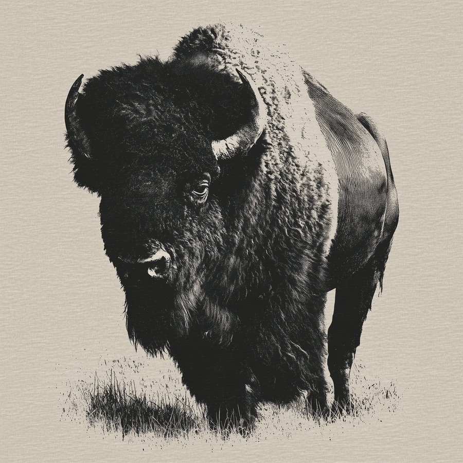 Black and white detailed ink drawing of a bison standing on grass with textured neutral background