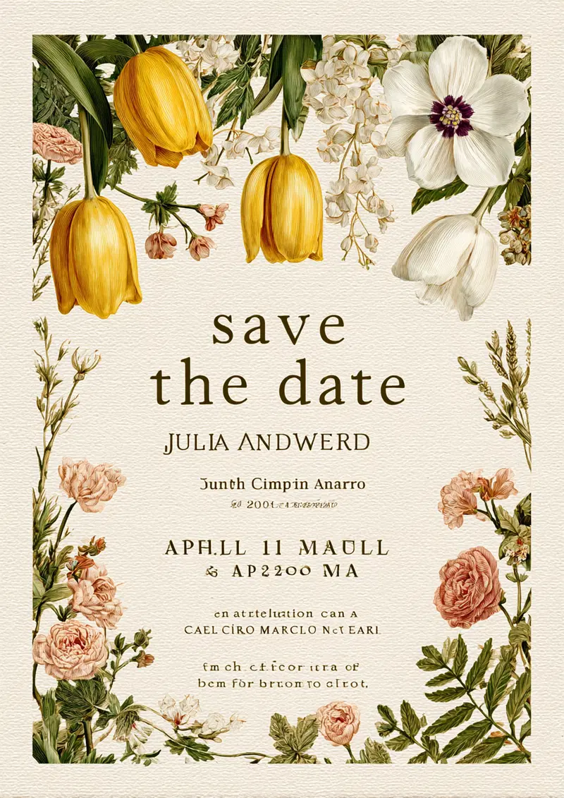 Elegant vintage botanical print save the date invitation with flowers