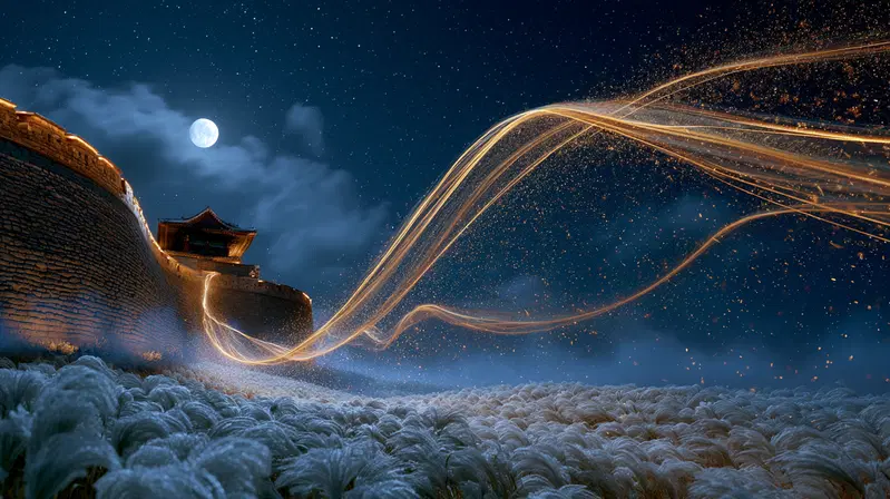 Mystical night scene with ancient fortress and glowing magic trails