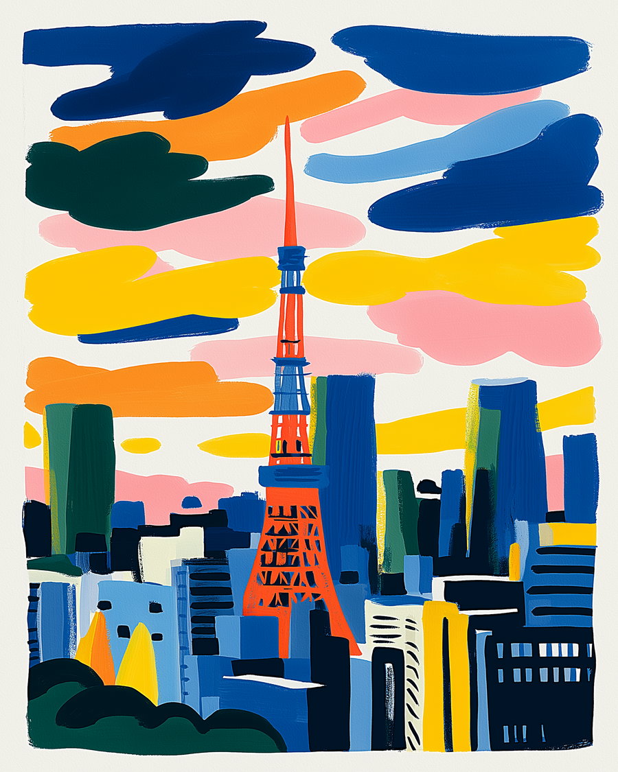 Bright abstract painting of a cityscape with a prominent red tower, blue and yellow skyscrapers, and colorful clouds in the sky