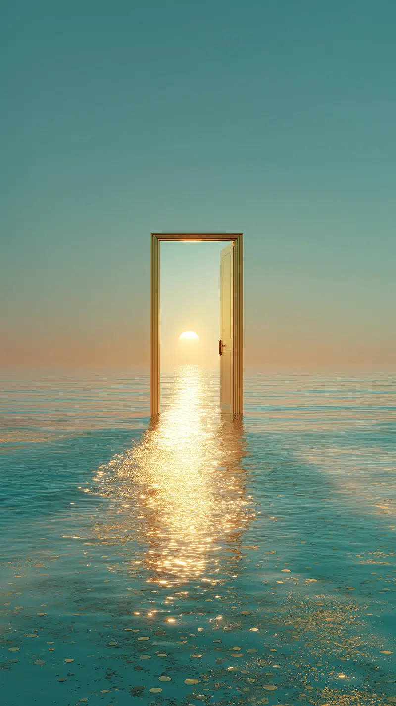 Surreal open door standing in ocean water with sunset and glowing reflection