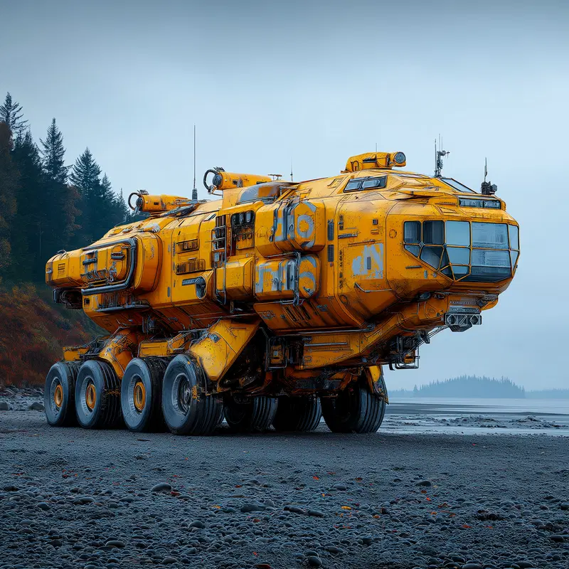 Futuristic yellow heavy-duty vehicle on a rocky beach by the forest