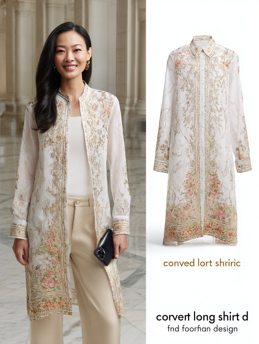 A woman wearing an embroidered long white shirt with gold and pink floral designs standing in a marble columned hall, next to a close-up image of the shirt on a white background