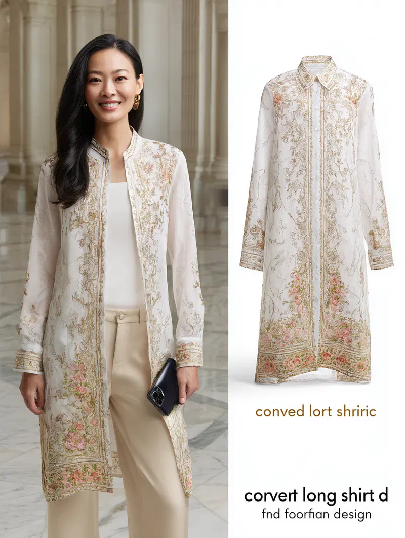 Elegant embroidered long shirt with gold and pink floral details styled with neutral pants