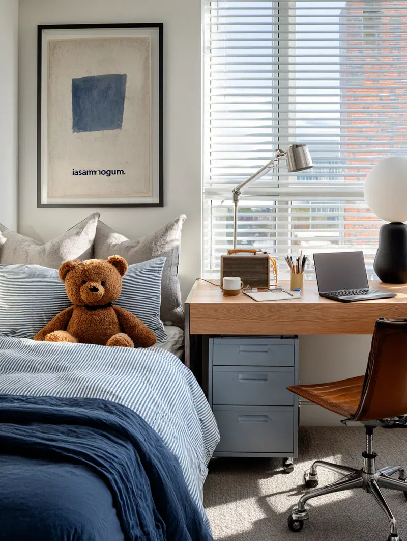 Cozy bedroom corner with a teddy bear on striped bed and desk setup
