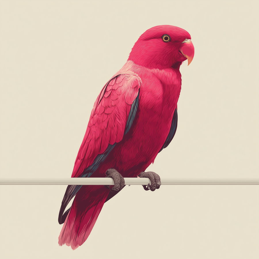 Illustration of a bright pink bird with detailed feathers perched on a horizontal bar set against a neutral background