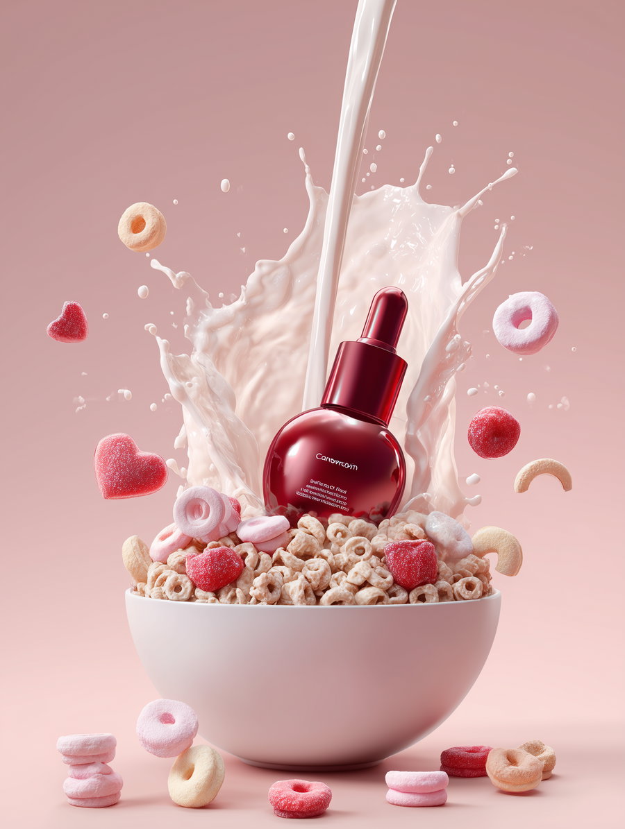 A white bowl filled with cereal and heart-shaped and ring-shaped colorful candies, a red dropper bottle in the center, milk splashing dramatically around the bottle on a pink background
