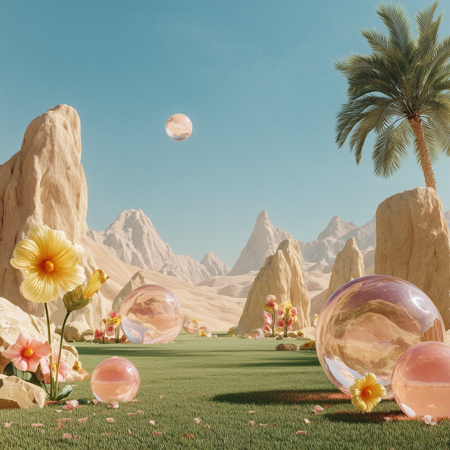 Surreal scene featuring sandy mountains, a palm tree, grassy terrain with various large transparent glass spheres, and colorful flowers scattered around