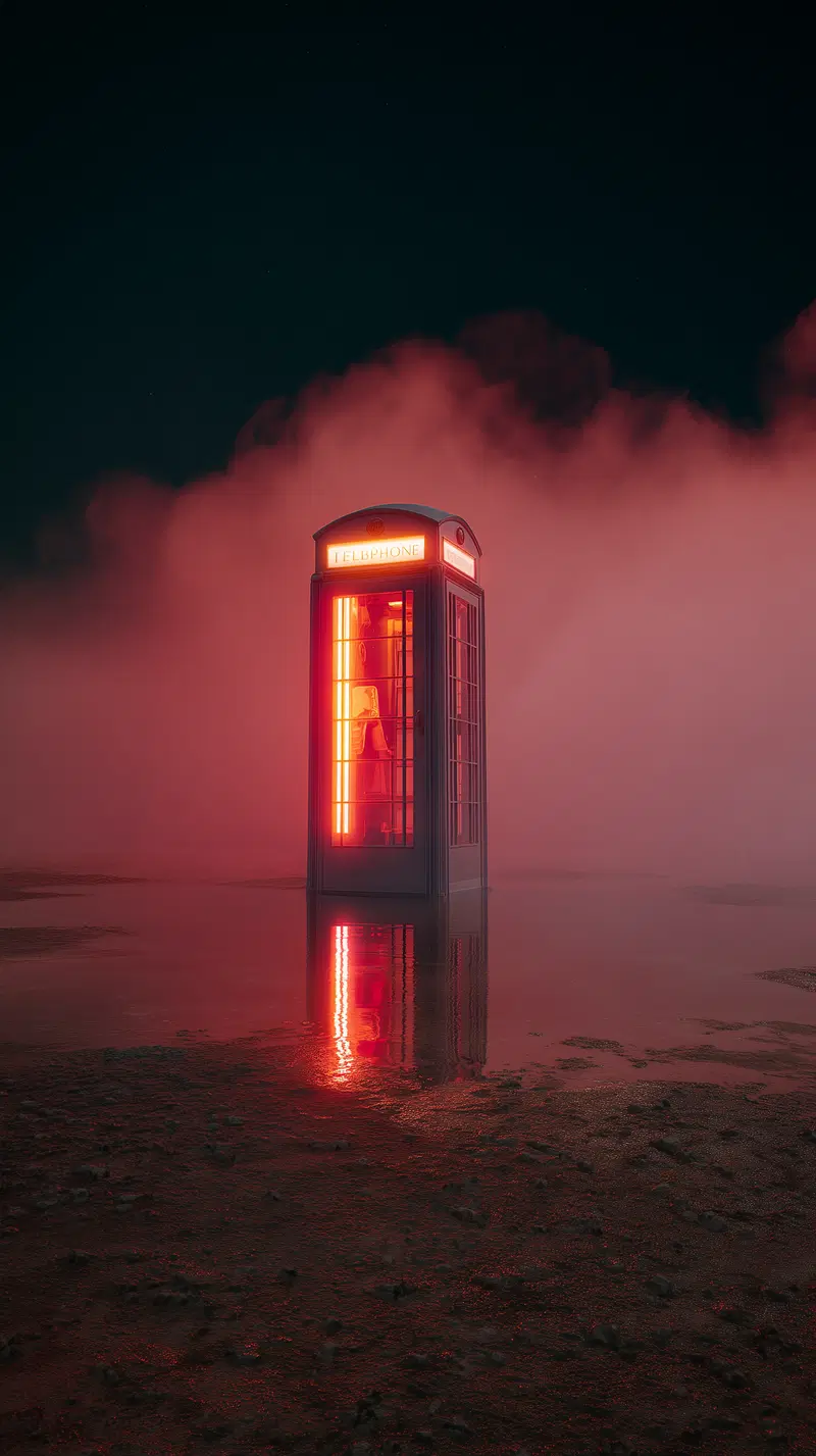 Illuminated Vintage Telephone Booth in a Misty Night Landscape