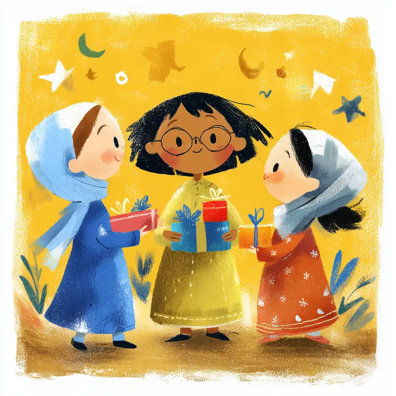 Whimsical Illustration of Three Girls Sharing Gift Boxes in Bright Colors
