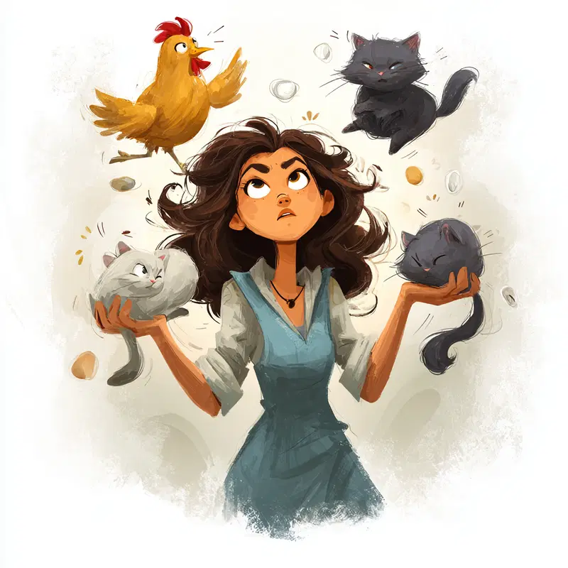 Illustration of a girl juggling cats and a chicken with eggs floating around