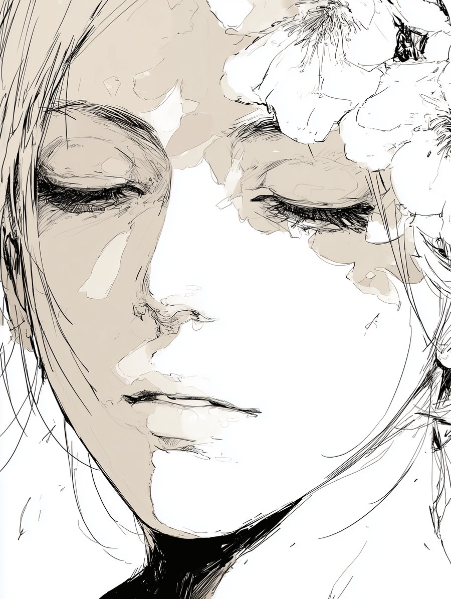 Monochrome minimalist sketch of a woman's face with eyes closed, flowers adorning her head, and soft shading