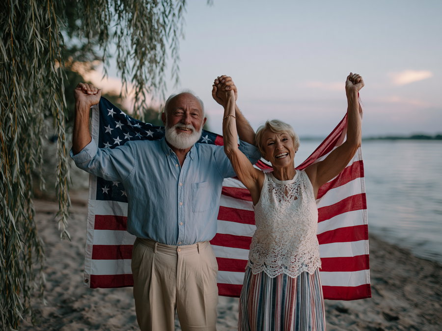 An elderly man and woman stand on a sandy beach by the water, smiling and holding an American flag behind their backs with raised arms, with trees and a calm lake in the background.