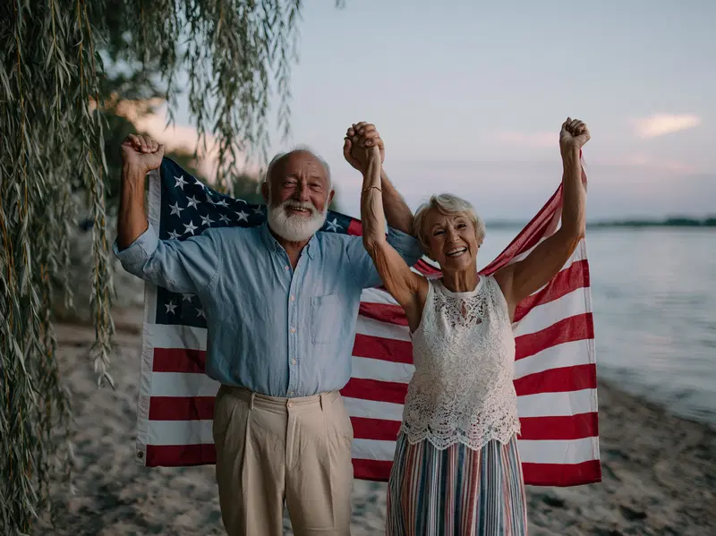 Joyful elderly couple holding American flag at a lakeside beach
