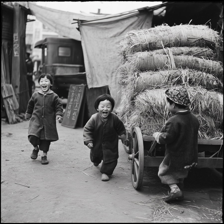 Three children laughing and running on a dirt path beside a wooden cart piled with straw bales in a rustic village or market area